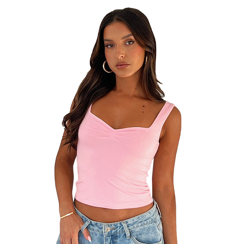 Wholesale Polyester Slim Fit Splicing Exposed Navel Solid Color Square Neck Micro Pleated Women's T-shirts